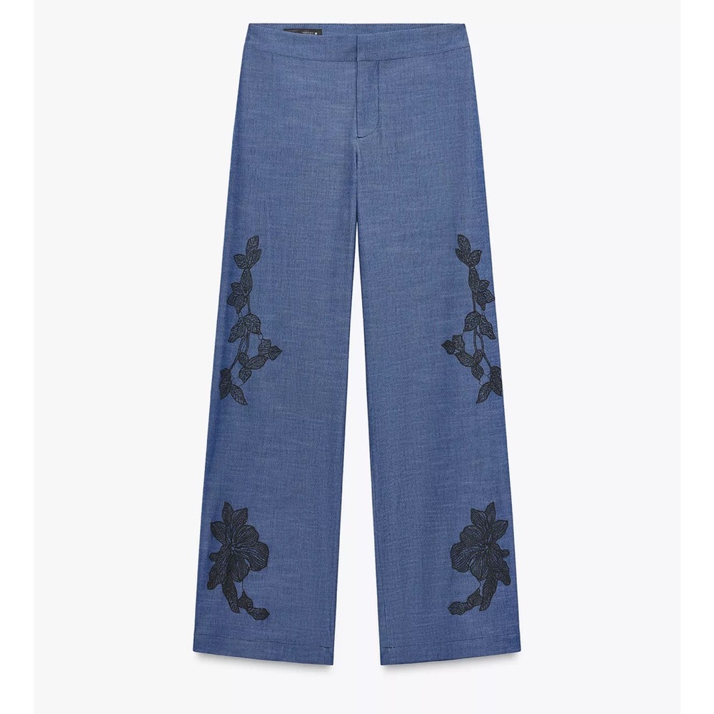 Zara 2 Piece Matching Set Floral Kimono Shirt & Wide Leg Pants Denim Blue NWT - Picture 11 of 13